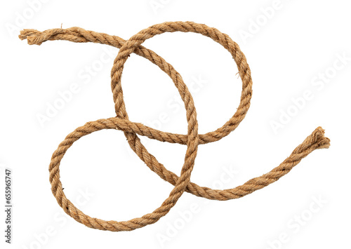 Rope made of jute in loops and knots on a white background. Linen twisted rope isolate