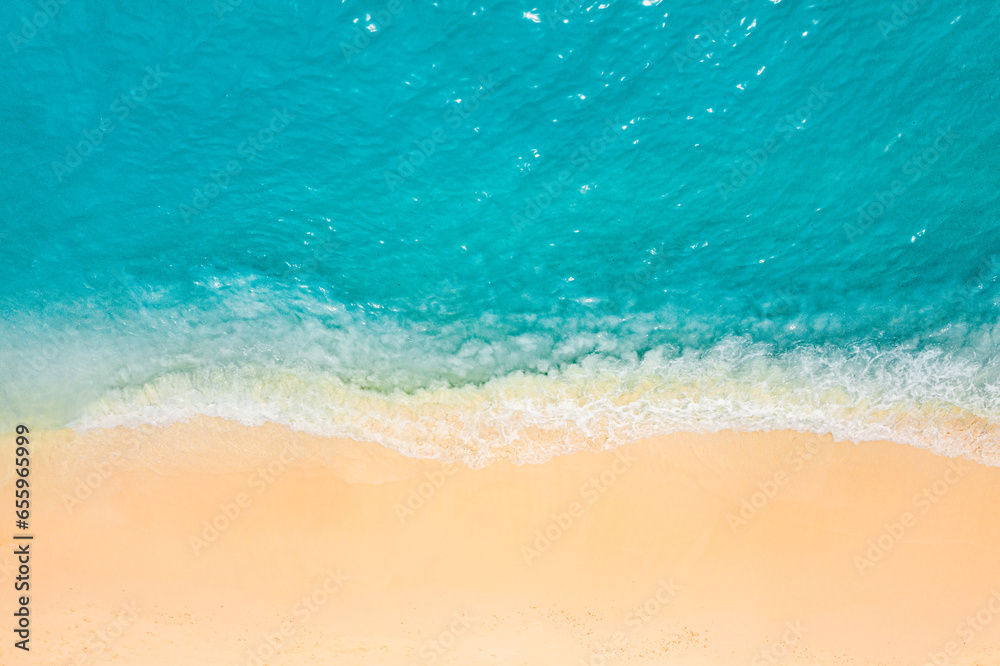 Top drone view fantastic popular travel landscape. Summer seascape blue water yellow sand. Aerial amazing tropical nature background. Beautiful  mediterranean bright sea waves crash beach sunlight