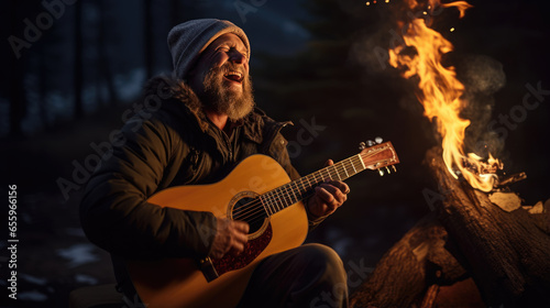 Man sings and plays guitar sitting by the fire in nature