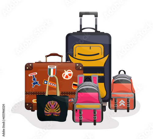 Vector illustration of baggage object. Suitcases, backpacks and bag on a white background.