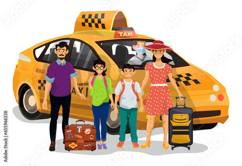 Vector illustration of happy family which going to go on a taxi on holiday.