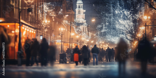 motion blurred street view and motion blurred prople walking along the street in winter season,winter Christmas market © sattawat