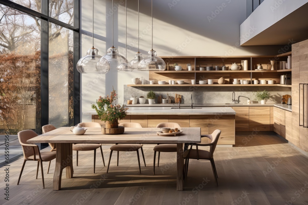 cozy kitchen with light natural materials with modern art on the walls