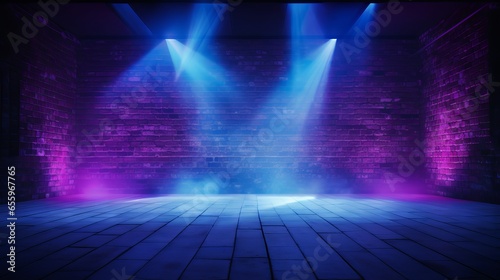 Abstract blue and purple brick wall background with neon laser beams, spotlights, and smoke in a dark studio room for product display photo
