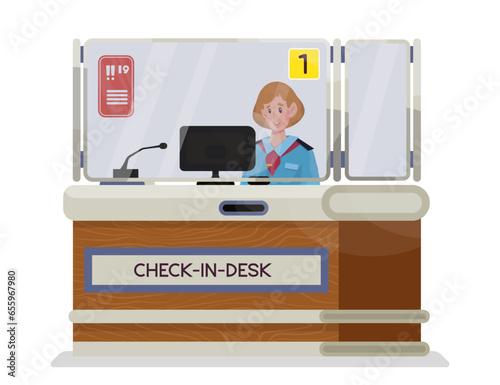 Vector cartoon illustration of check in desk or registration desk in airport.