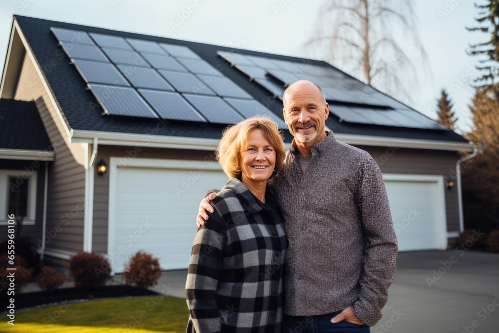 Middle aged couple standing on front of a house with solar panels on the roof. They smiling and looking at camera. Innovative energy systems to save your money.