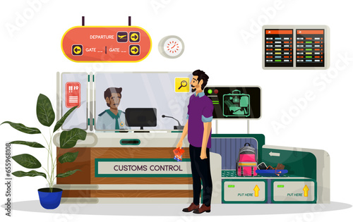 Flat illustration of customs and immigration control with man in an airport.