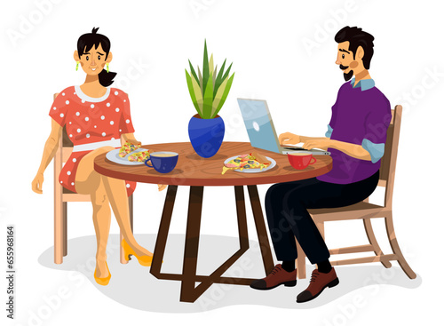 Vector cartoon illustration of happy family at the table on white isolated background.