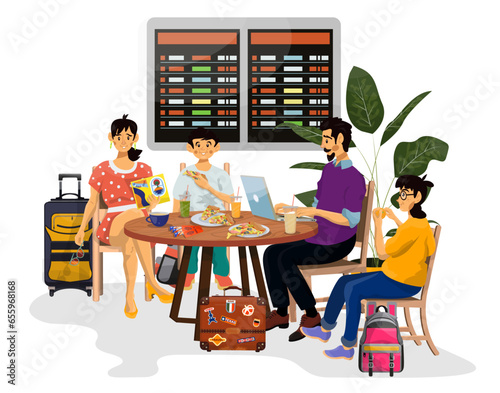 Vector illustration of Duty Free Shop and cafe in an airport and family spend time and eating there.