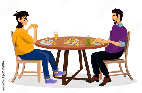 Vector cartoon illustration of happy family at the table on white isolated background.