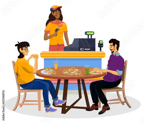 Vector illustration of Duty Free Shop and cafe in an airport and family spend time and eating there.