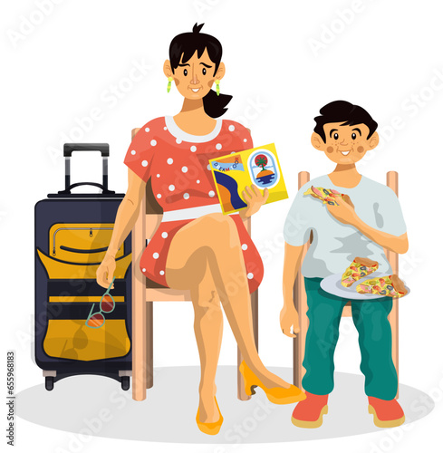 Vector illustration of cafe in airport and mother with her son spend time and eating there.