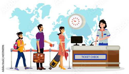 Vector cartoon illustration of woman stewardess who check tickets of passengers in an airport.