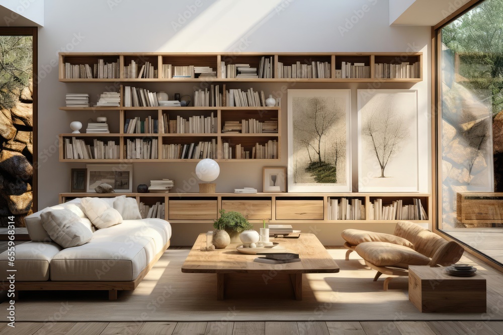 cozy library with light natural materials with modern art on the walls cozy library with light natural materials with modern art on the walls