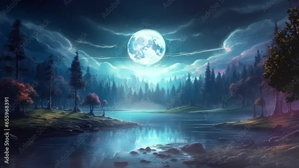 Beautiful nature moon night Sky Background video with falling stars sky. Cartoon or anime illustration style