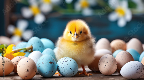 A cute little and lovely chick in an environment with pink and blue eggs and white flowers Generative AI Illustration