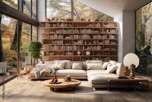 cozy library with light natural materials with modern art on the walls