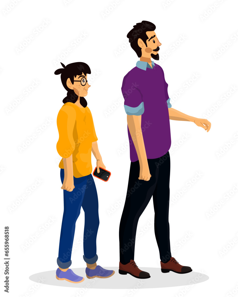 Fototapeta premium Father with his happy daughter walking. Cartoon vector illustration of single parent with child.