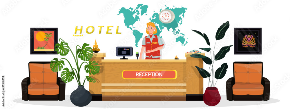 Vector flat illustration of reception of modern hotel. Luxury lobby on white isolated background. Vector flat illustration of reception of modern hotel. Luxury lobby on white isolated background.