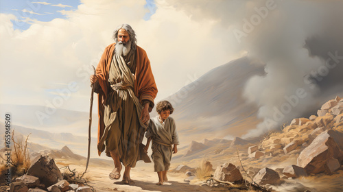 Billede på lærred Illustration of Patriarch Abraham and his son Isaac returning from the place of