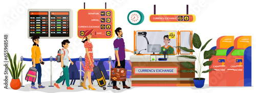 Cartoon illustration of airport currency exchange desk with queue of passengers and travellers
