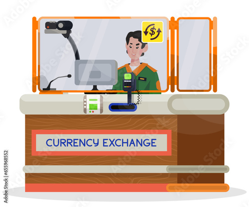 Cartoon illustration of airport currency exchange desk with assistant.