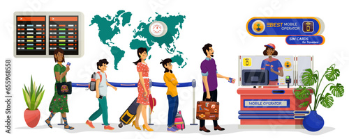 Vector cartoon illustration of woman who is seller of sim cards and fare for mobile phones.