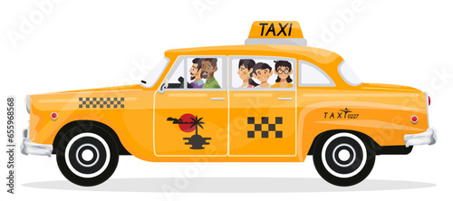 Vector illustration of happy family go on a retro taxi on holiday.