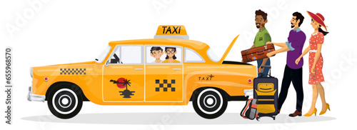 Vector illustration of happy family go on a retro taxi on holiday. Black Taxi Driver helps a family