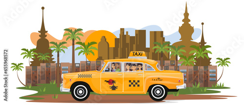 Vector illustration of happy family go on a retro taxi on holiday.