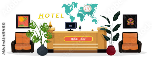 Vector flat illustration of reception of modern hotel. Luxury lobby on white isolated background.