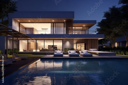 Modern house exterior design at night with swimming pool