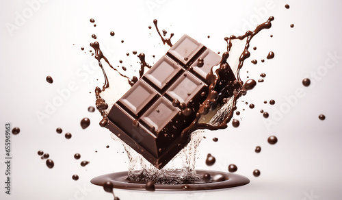 Splash of dark chocolate bar in liquid chocolate, for a culinary advertisement. AI generated