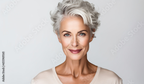 Middle-aged, gray-haired, elegant and very well-groomed woman. Livestyle team. AI generated