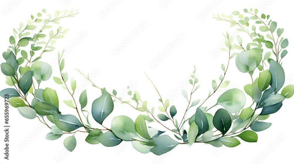 Watercolor vector wreath with green eucalptus leaves