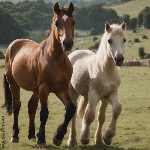 horse and foal generated ai two horses on the meadow two horses in the field