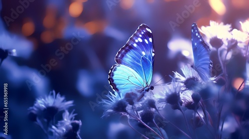 Wild light blue flowers in field and two fluttering