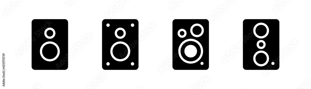 Audio speaker glyph icon. Music speaker icon set. Black sound speaker set. Glyph music symbol. Stock vector illustration. Audio speaker glyph icon. Music speaker icon set. Black sound speaker set. Glyph music symbol. Stock vector illustration.