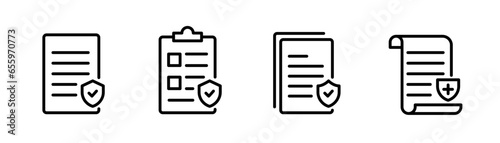 Insurance document line icon. Insurance agreement icon set. Clipboard file in line. Insurance medical paper. Editable stroke. Stock vector illustration.