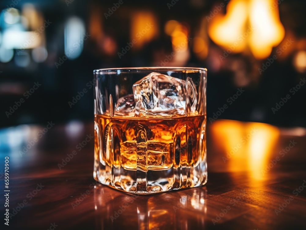 glass of whiskey with ice cubes on a table, flame in blurry background