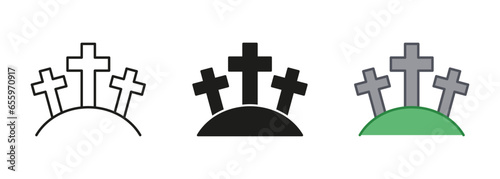 Gravestone, Tomb, Tombstone Line and Silhouette Icon Set. Cemetery with Tombstone and Cross, Graveyard Pictogram. Halloween Decoration Black and Color Symbol Collection. Isolated Vector Illustration