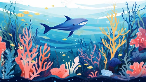Underwater adventure  vector illustration of children and sea creatures for nursery wall and kids room