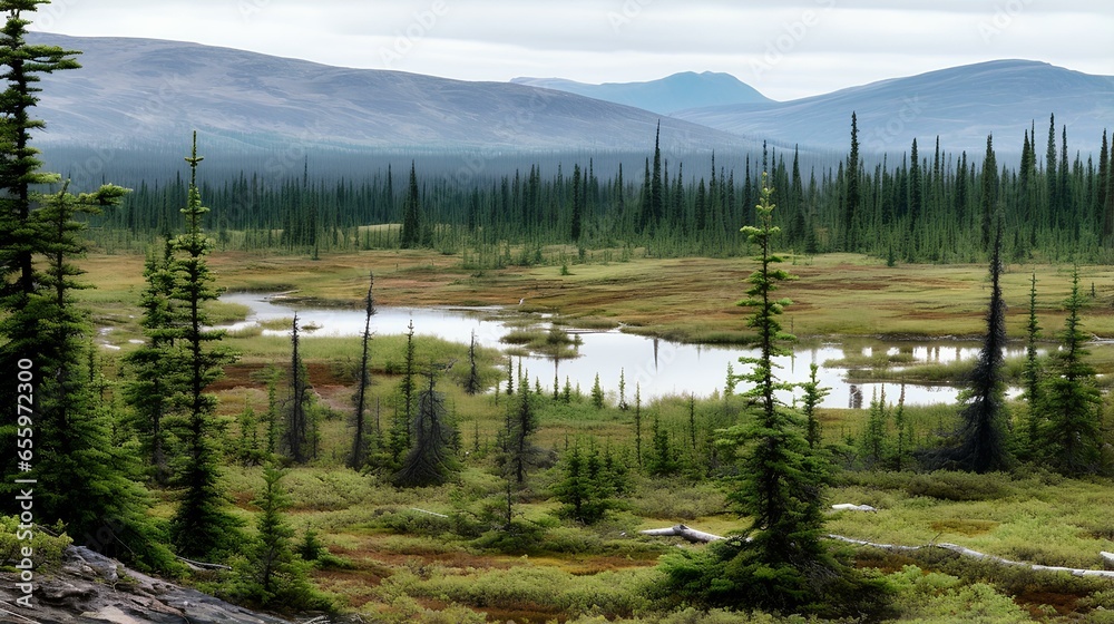 landscape of the forested area of taiga in the great arctic region. generative AI