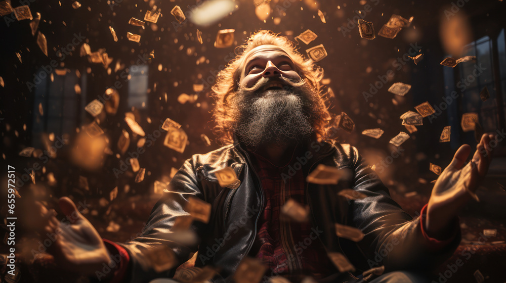 Bearded man sitting and smiling surrounded by golden wealth with golden coins falling all around him