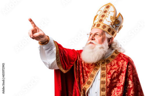 Sinterklaas or saint Nicholas pointing isolated on white background. Dutch character of Santa Claus