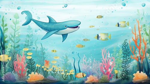 Underwater adventure: vector illustration of children and sea creatures for nursery wall and kids room