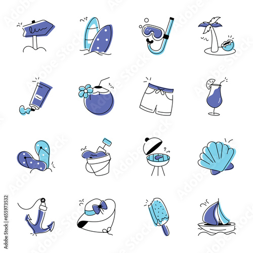 Pack of 16 Hand Drawn Beach Icons  

