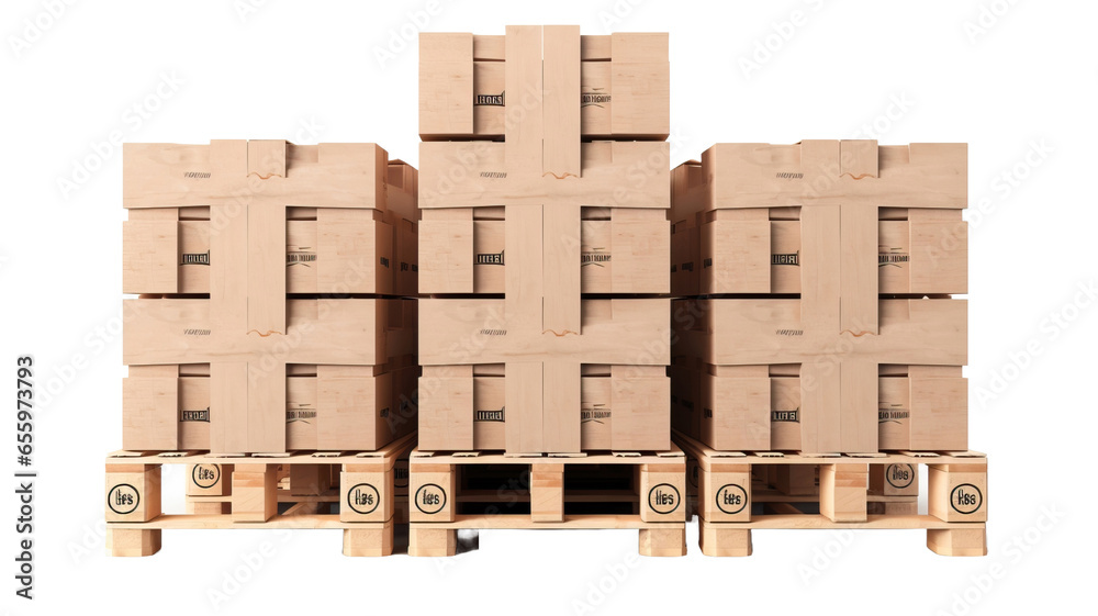 Cardboard boxes on pallets isolated on transparent or white background ...