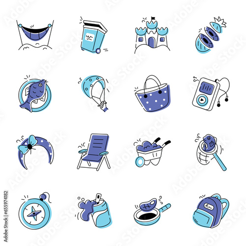 Set of Hand Drawn Beach Equipment Icons 

