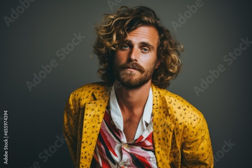 Portrait of a handsome young man in a yellow jacket on a dark background. © Inigo